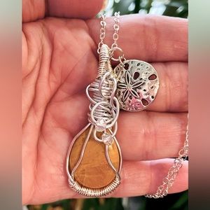 Silver wire wrapped yellow Calcite gemstone necklace and sand dollar charm